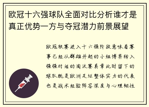欧冠十六强球队全面对比分析谁才是真正优势一方与夺冠潜力前景展望