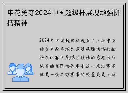 申花勇夺2024中国超级杯展现顽强拼搏精神
